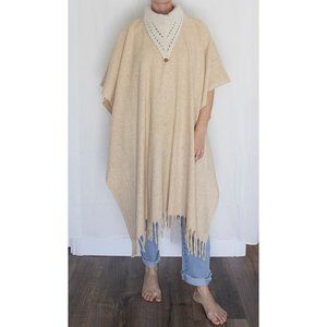 Cream Wool Vintage Long Fringe Poncho